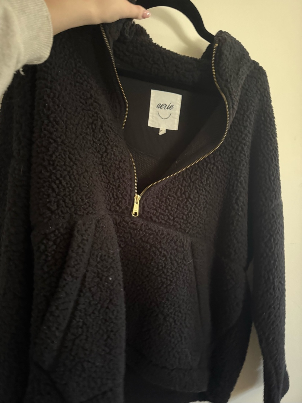 aerie Black Sherpa Half-Zip Pullover Hoodie